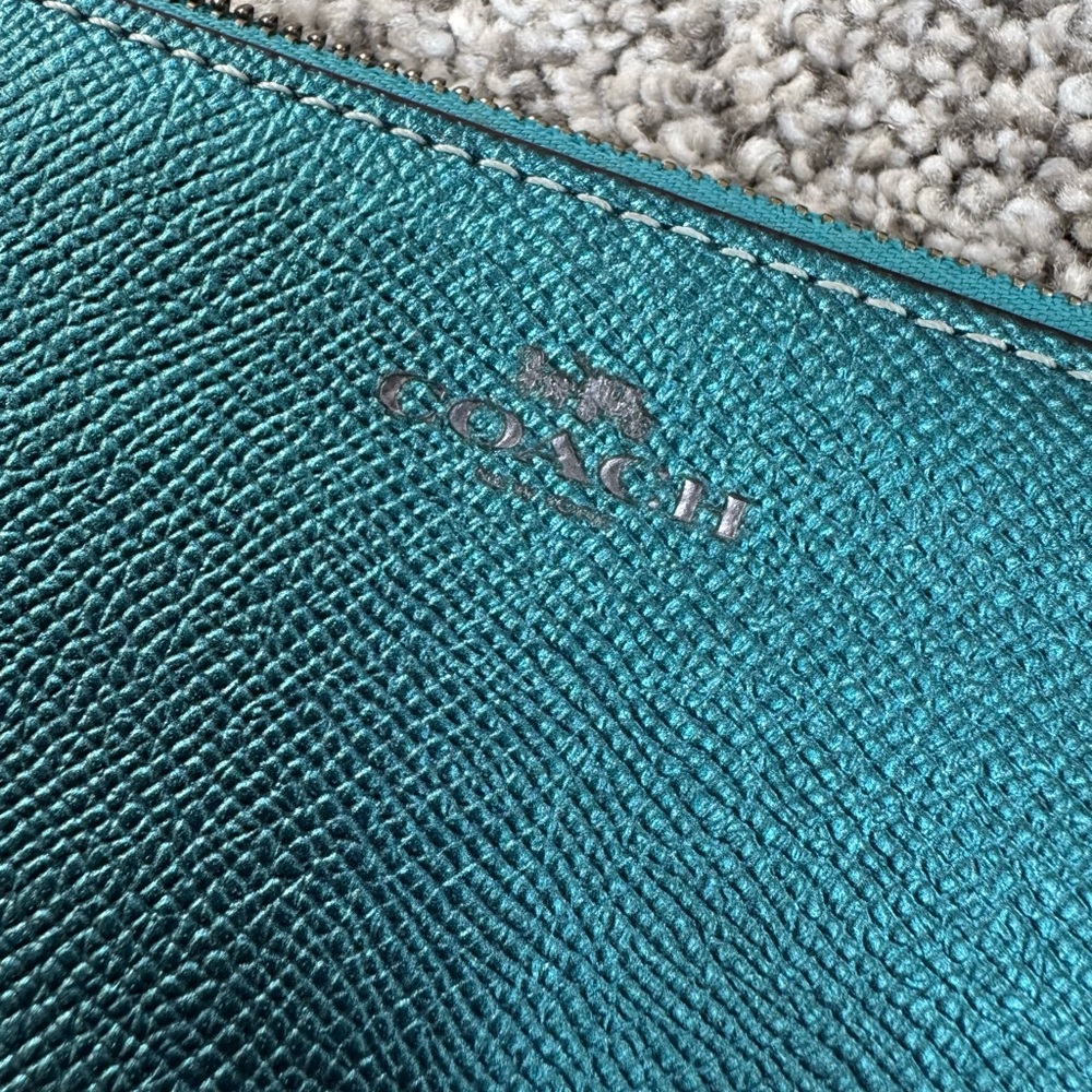 Coach Metallic Teal Pebbled Leather Wristlet - Picture 2 of 4